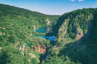 Plitvice Gölleri Milli Parkı, popüler bakış açısı, şaşırtıcı zümrüt rengi göller ve şelaleler çevrili yeşil ormanlar, gündüz yaz peyzaj, Hırvatistan'daki ünlü turizm görünümünden