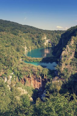 Plitvice Gölleri Milli Parkı, popüler bakış açısı, şaşırtıcı zümrüt rengi göller ve şelaleler çevrili yeşil ormanlar, gündüz yaz peyzaj, Hırvatistan'daki ünlü turizm görünümden. Dikey görüntü