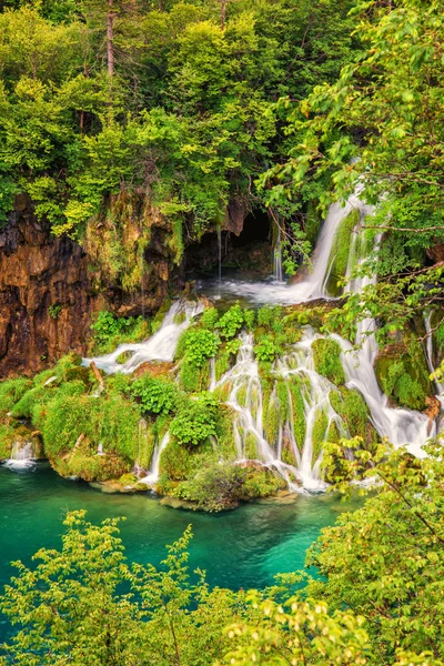 Vízesés Zöld Nyári Erdőben Türkizkék Vízzel Plitvicei Nemzeti Park Horvátország — Stock Fotó