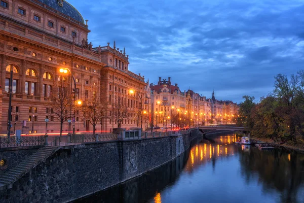 Embankment Prague Historic District Beautiful Night Cityscape Building National Theatre — Stock Photo, Image