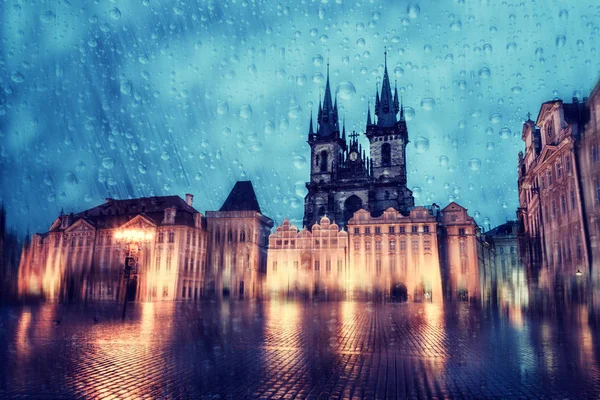 Old Town Square Prague Rainy Weather View Tyn Church Tynsky — Stock Photo, Image