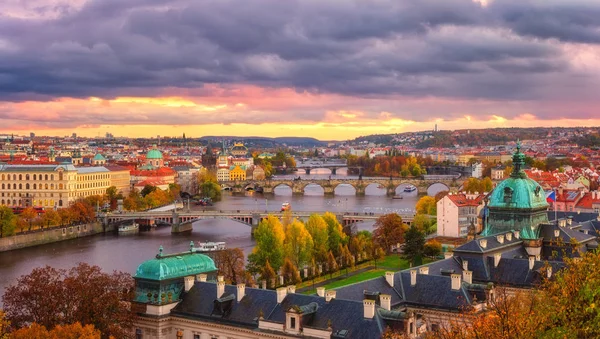 Sunset Prague Panorama View Historical Bridges Old Town Vltava River — Stock Photo, Image