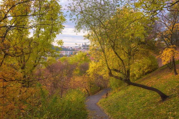 Herbstlicher Park Mit Fußgängerweg Und Blick Auf Die Prager Burg — Stockfoto