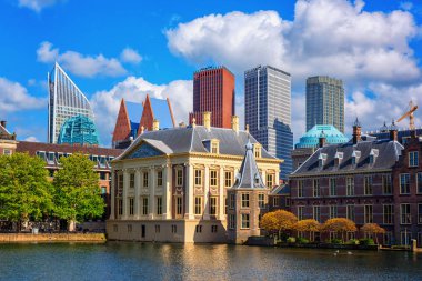 Hofvijver Gölü gökdelenler ve mavi bulutlu gökyüzü, den Haag (Den Haag), Hollanda bir arka plan ile Binnenhof Kalesi (Hollanda Parlamentosu) arka plan