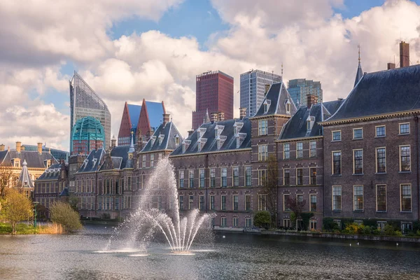 Binnenhof Castle Dutch Parliament Background Hofvijver Lake Complex Buildings Gothic — Stock Photo, Image