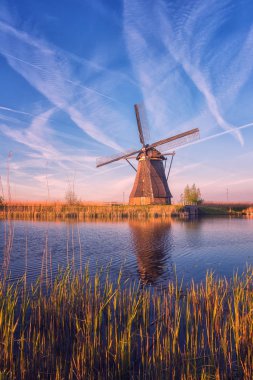 Картина, постер, плакат, фотообои "живописный пейзаж заката с ветряными мельницами, голубым небом и тишиной в воде. традиционная сельская местность, знаменитая деревня мельниц, нидерланды (голландия), вертикальное изображение картины природа", артикул 225040450