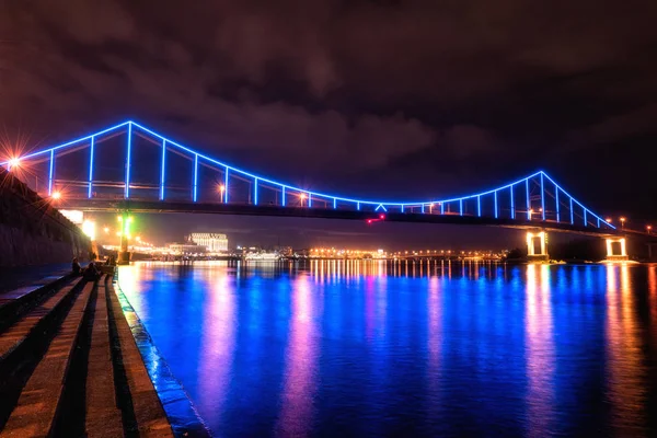 Night European City Colorful Lights Reflection Water Kyiv Kiev Capital — Stock Photo, Image