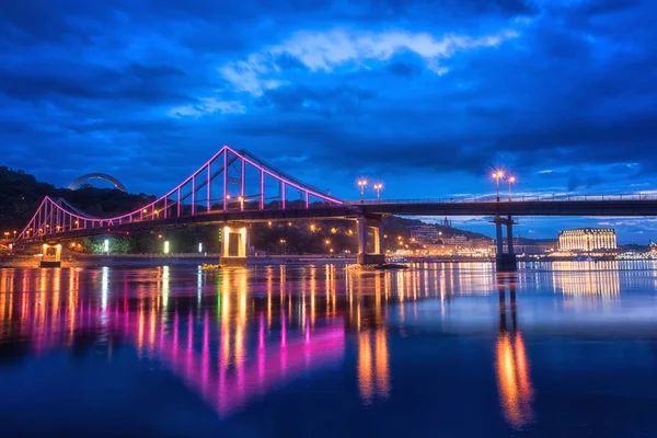 Night European City Colorful Lights Reflection Water Kyiv Kiev Capital — Stock Photo, Image