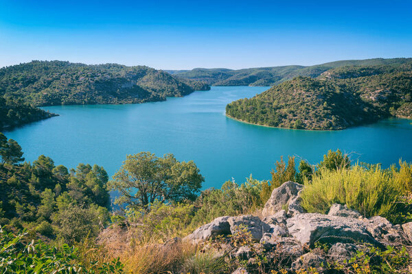 Lake Esparron (lac Esparron de Verdon), one of the five lakes of the Verdon Gorge National Park. Beautiful daytime landscape, popular tourist destination in Provence, Alpes-de-Haute-Provence, France