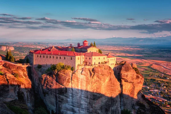 Mosteiro Rocha Alta Meteora Por Sol Com Vista Panorâmica Vale — Fotografia de Stock