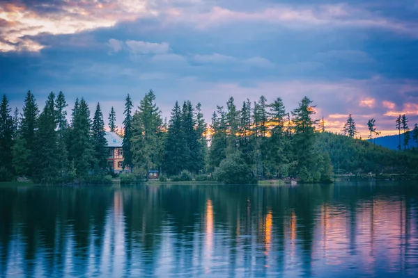 Amazing nature landscape for wallpaper, cloudy colorful sunset over the alpine lake Strbske pleso, High Tatras, Slovakia (Slovensko)