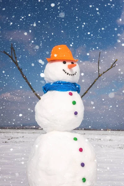 Kardan adam mavi gökyüzü arka plan düşen kar taneleri, mutlu kış konsepti, dikey görüntü gülümseyen şirin