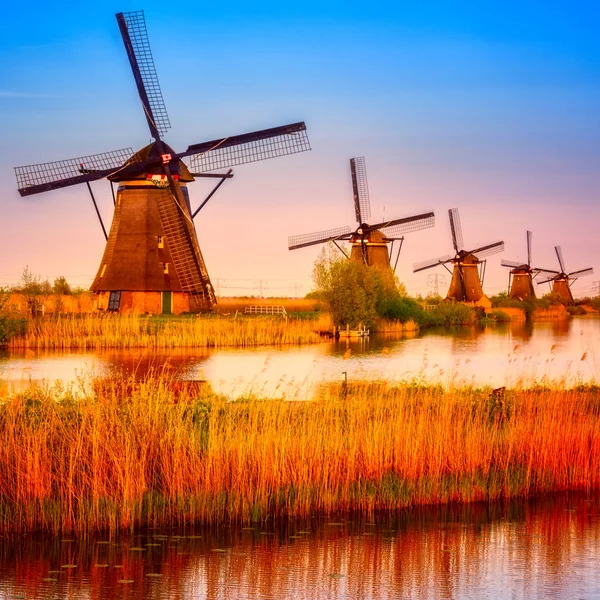 Verbazingwekkend Natuur Schilderachtige Zonsondergang Landschap Windmolens Blauwe Lucht Water Traditionele — Stockfoto