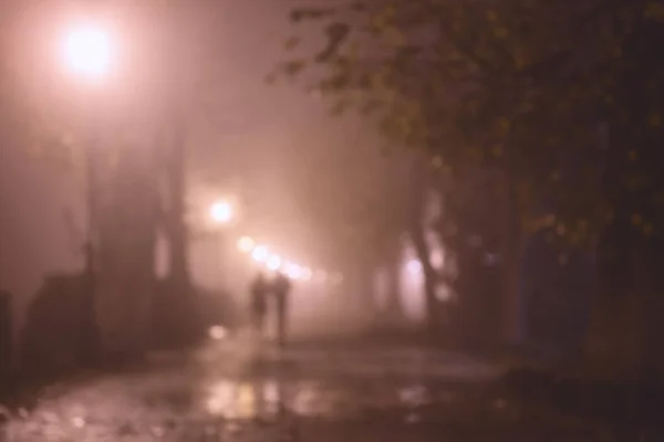 Туманна Алея Нічному Міському Парку Розмитий Осквернений Фон Силуетами Палаючими — стокове фото