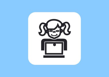 liseli kız ile dizüstü düz simgesi, vektör, illüstrasyon