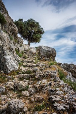 Harap bir kaleden doğaya güzel bir manzara. Rodos Adası, Yunanistan