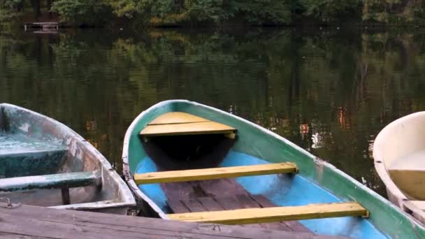 Närbild Båtar Väntar Turister Sjön Pushcha Vodytsia Ukraina — Stockvideo