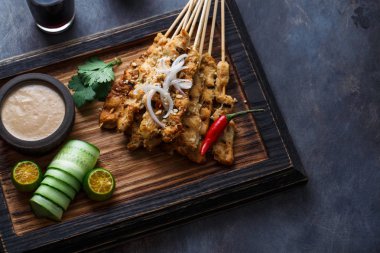 Tavuk Satay veya Sate Ayam - Malezya ünlü gıda. Terbiyeli, saptırılmış ve ızgara et, fıstık sos ile bir yemektir. Üstten görünüm tasarlamak