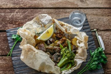 Kleftiko - kuzu görünümü Kapat perchament, Yunan yemek pişmiş
