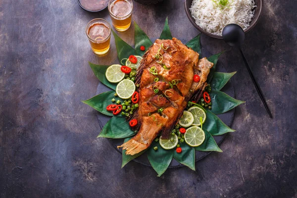Pescado frito estilo tailandés con arroz de coco, ensalada y salsa picante, espacio para copiar — Foto de Stock