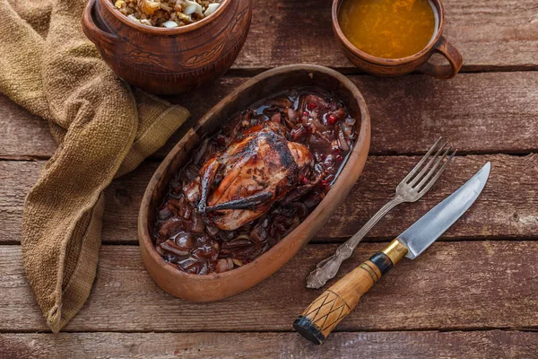 Roasted Hazel Grouse meat with buckweat porridge and cranberry sauce — Stock Image Roasted Hazel Grouse meat with buckweat porridge and cranberry sauce Royalty Free Stock Photos