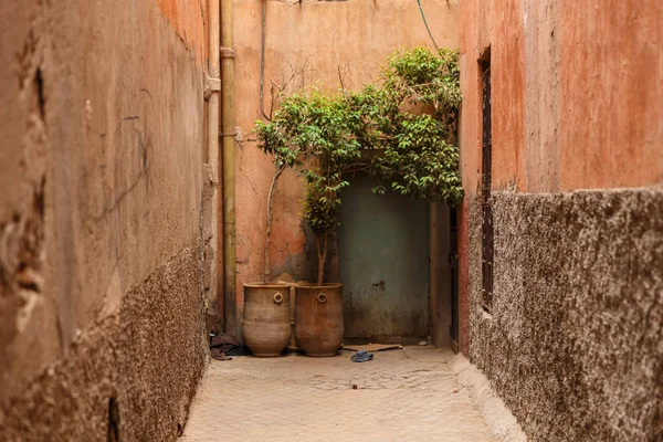 Hermosa calle antigua de Marrakech con edificios rojos y puertas viejas, Marruecos . —  Fotos de Stock