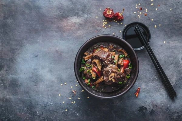 Asian lamb stew in a pot, top view copy space — Stock Photo, Image