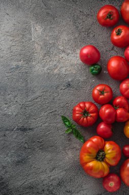 Beton arka planda taze domates. Kopyalama alanı ile üstte görünüm.