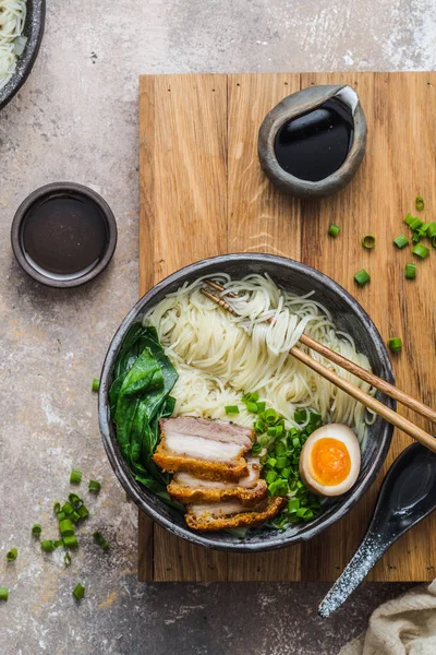 Close view ramen noodles with pork and egg — Stock Photo, Image