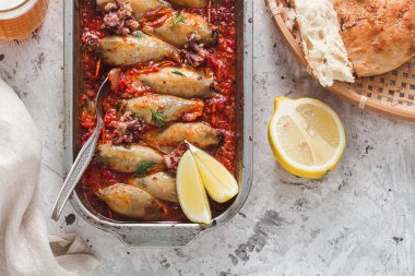 Kalamar domates soslu pirinç ile doldurulmuş, uzay kopyalamak