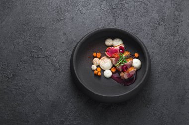 Kızarmış ördek göğsü, püre ve kiraz soslu, kopyalama alanı.