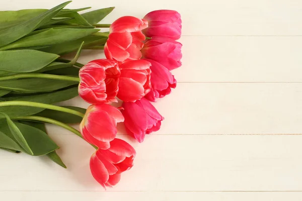 Nine Light Red Pink Tulip Flowers White Painted Wooden Table — Stock Photo, Image
