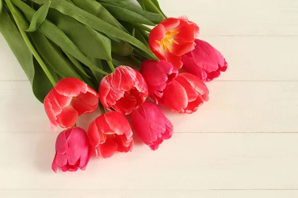 Bouquet Nine Light Red Pink Tulip Flowers White Painted Wooden — Stock Photo, Image