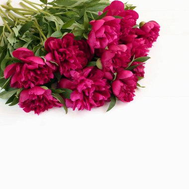 Beyaz ahşap masanın üzerinde duran mor şakayık demeti. Yakın çekim.