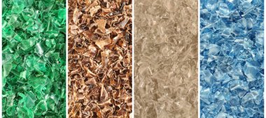 Dört tip doğranmış plastik şişe fotoğraf kolajı yeşil, kahverengi, şeffaf ve mavi. Tepeden tırnağa. - Yakın çekim. Uzun pankart