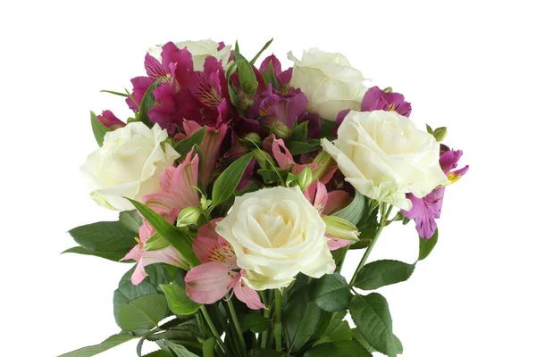 Bouquet Big White Roses Pink Lilac Alstroemeria Flowers Isolated White — Stock Photo, Image