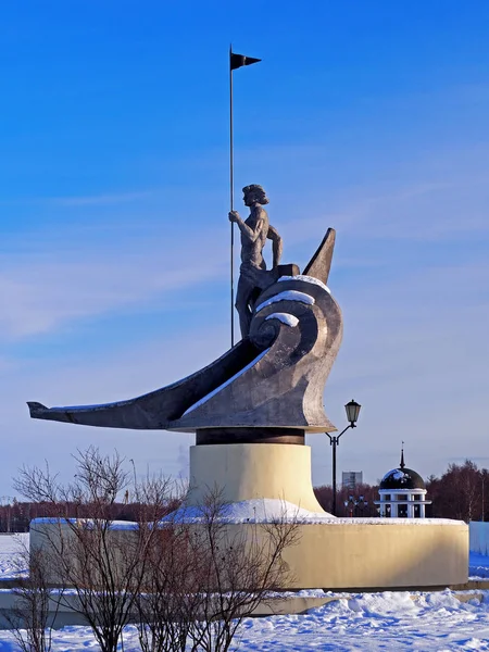 Monumento Dique Lago Onega Inverno Petrozavodsk — Fotografia de Stock