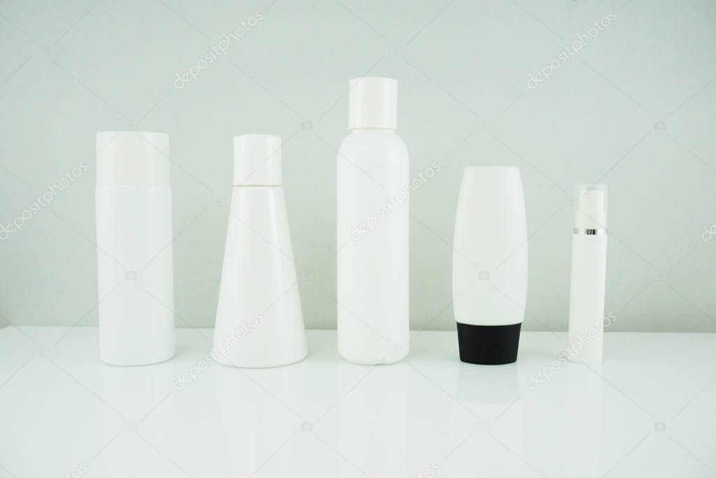 Collection of plastic bottle packaging for cream, lotion, medicine, shampoo or liquid soap isolated on white background. Blank skincare beauty product template.