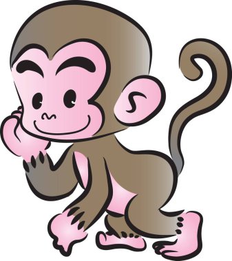 Beyaz arkaplanda, vektörde, resimde izole edilmiş şirin çizgi film maymunu