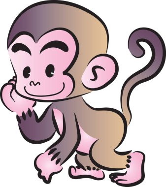 Beyaz arkaplanda, vektörde, resimde izole edilmiş şirin çizgi film maymunu