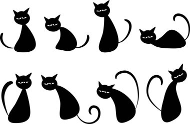 Beyaz arkaplan, vektör, illüstrasyon üzerinde izole edilmiş siyah kedi kümeleri