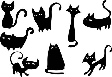 Beyaz arkaplan, vektör, illüstrasyon üzerinde izole edilmiş siyah kedi kümeleri