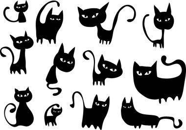 Beyaz arkaplan, vektör, illüstrasyon üzerinde izole edilmiş siyah kedi kümeleri