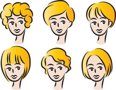 Beyaz arka planda, vektörde, resimde izole edilmiş saç stilleri olan bir dizi güzel kız.