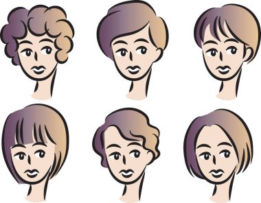 Beyaz arka planda, vektörde, resimde izole edilmiş saç stilleri olan bir dizi güzel kız.