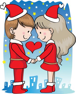 Birbirine aşık çizgi film çifti Noel Baba kostümleri giyiyor beyaz arka planda el ele tutuşuyorlar, yeni yıl konsepti. 