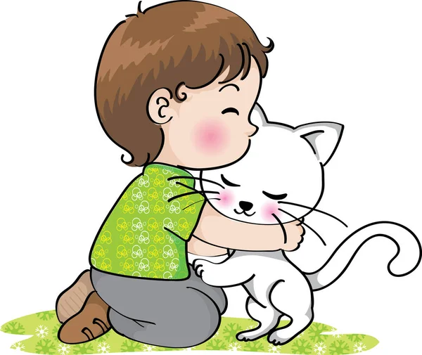 Tarjeta Con Dibujos Animados Hermoso Niño Abrazando Gato Aislado Sobre — Archivo Imágenes Vectoriales