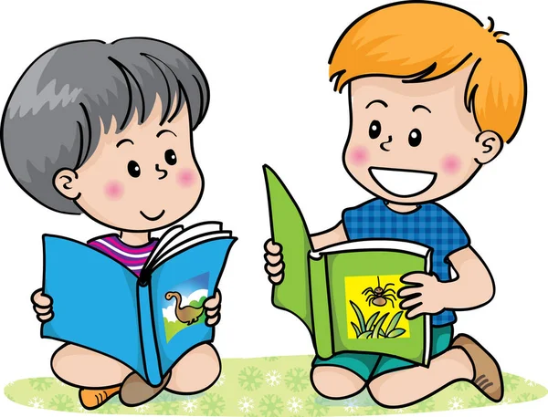 漫画かわいい男の子と女の子読書本 教育の概念 — ストックベクタ