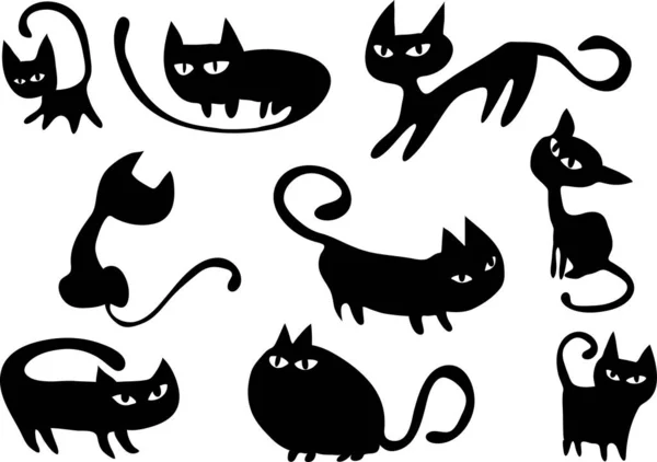 Set Cute Black Cats Flat Icons Isolated White Background Vector — Stock Vector