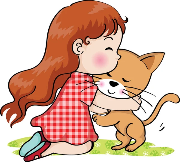 卡通卡 卡通卡 漂亮的女孩抱着因白色背景 爱猫的概念而被隔离的猫 — 图库矢量图片
